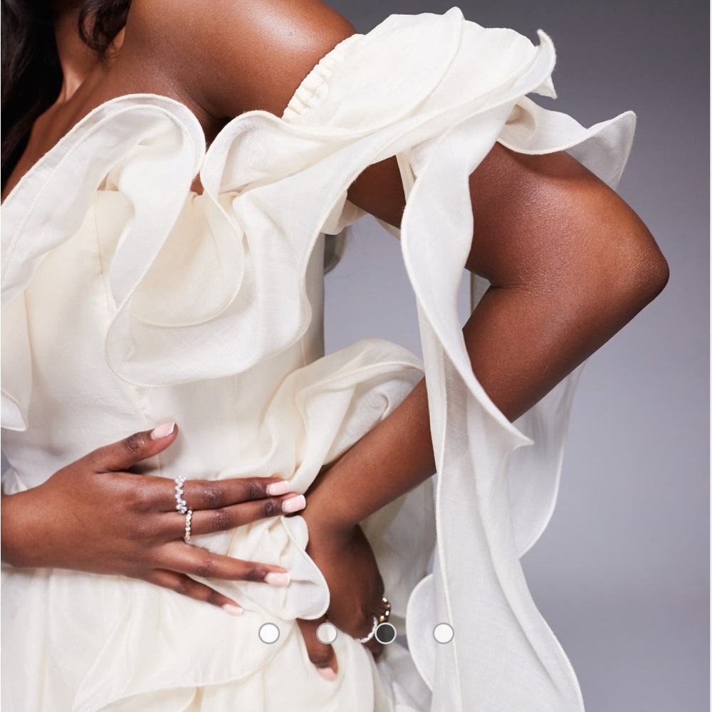 ASOS LUXE textured organza wired ruffle off the shoulder mini dress in cream - Picture 3 of 4